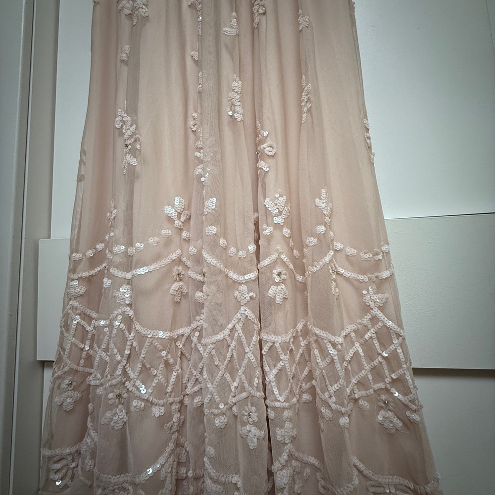 NWT | Mac Duggal 9144 Pink/Blush Flounce Sleeve Embellished Mesh Gown Size 10 - Picture 8 of 15